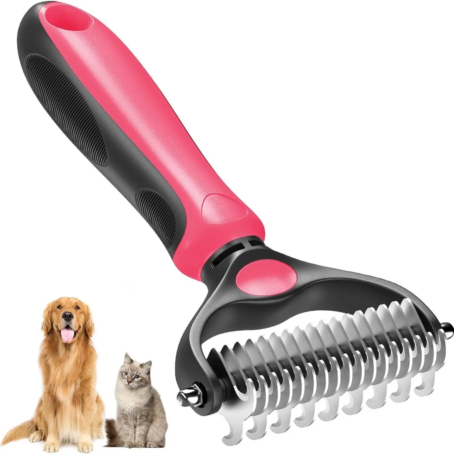 Pet Grooming Brush-Double Sided Hurtless Shedding and Dematting Undercoat Rake Comb for Dogs and Cats, No More Nasty Shedding or Flying Hair