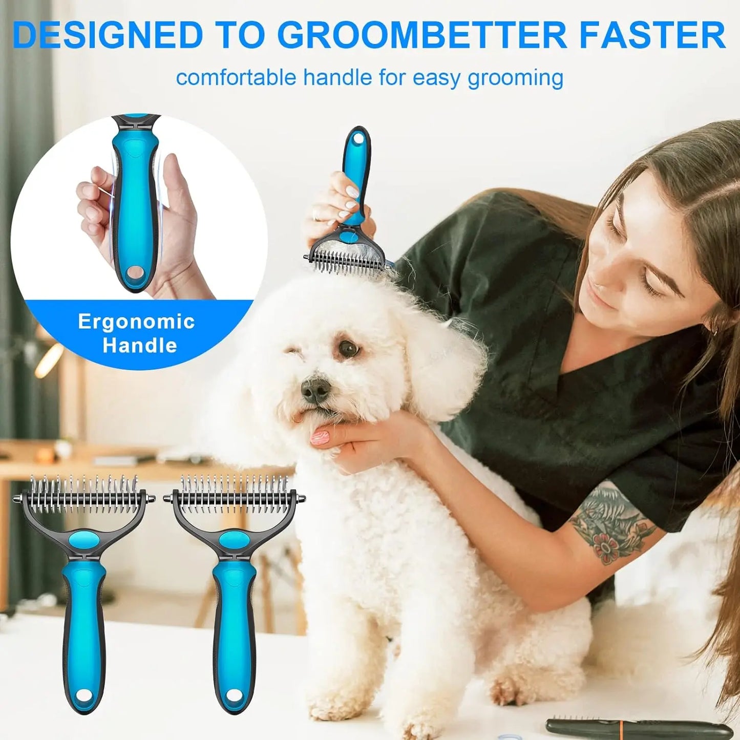 Pet Grooming Brush-Double Sided Hurtless Shedding and Dematting Undercoat Rake Comb for Dogs and Cats, No More Nasty Shedding or Flying Hair