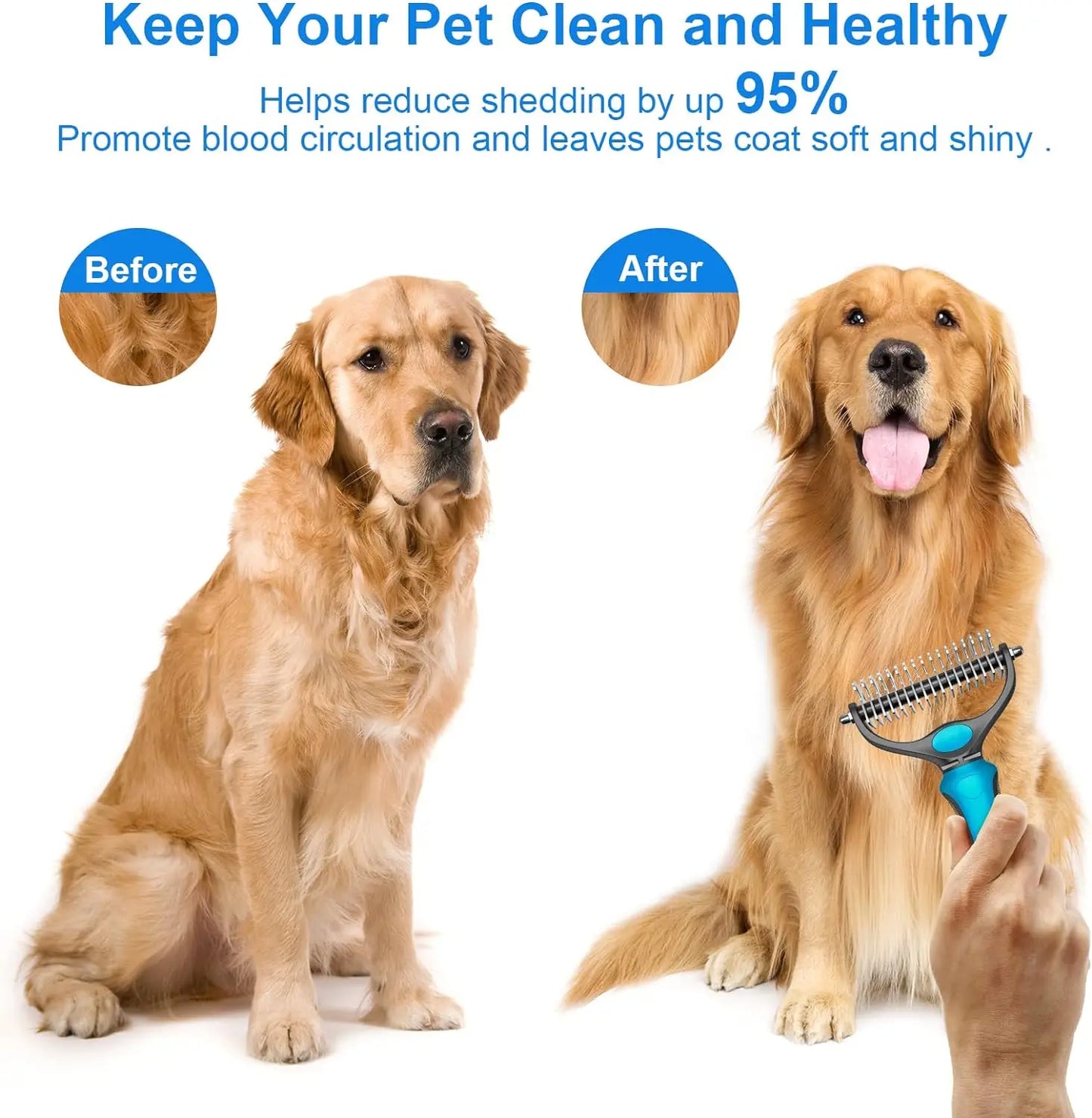 Pet Grooming Brush-Double Sided Hurtless Shedding and Dematting Undercoat Rake Comb for Dogs and Cats, No More Nasty Shedding or Flying Hair